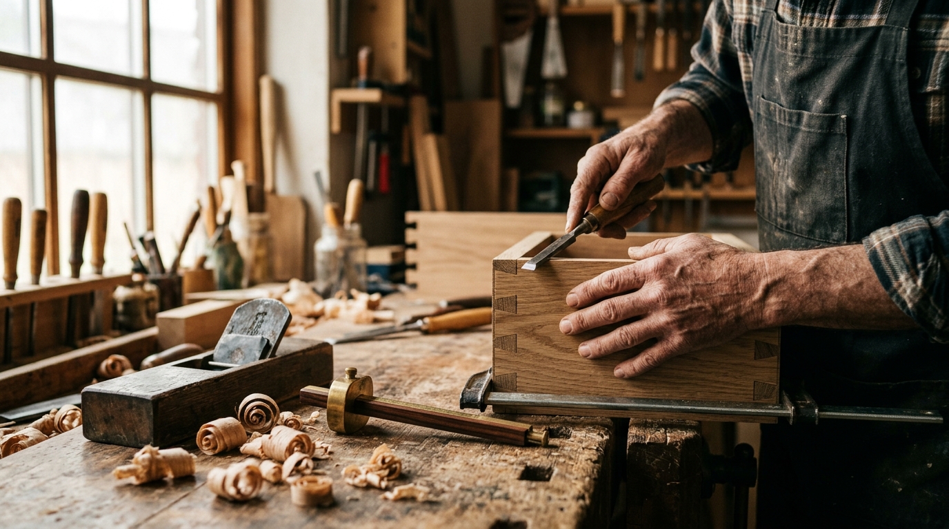 Hand tools at a joinery workbench